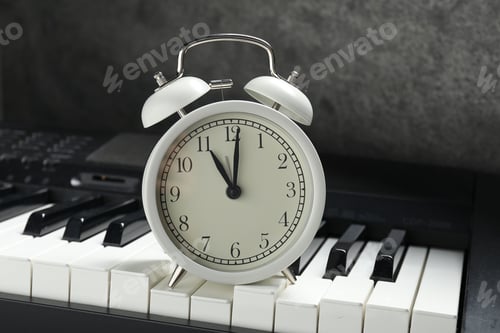 Preview: Alarm clock and electric piano on black table