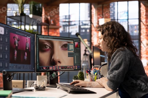 Preview: Woman using AI software to turn text prompt into photos and editing the skin