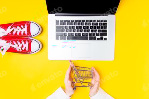 Preview: Female hands with shopping cart near laptop and gumshoes