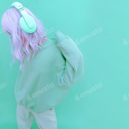 Preview: Fresh Mint Dj Lady Minimal aesthetic monochrome fashion design. Aqua menthe color trend