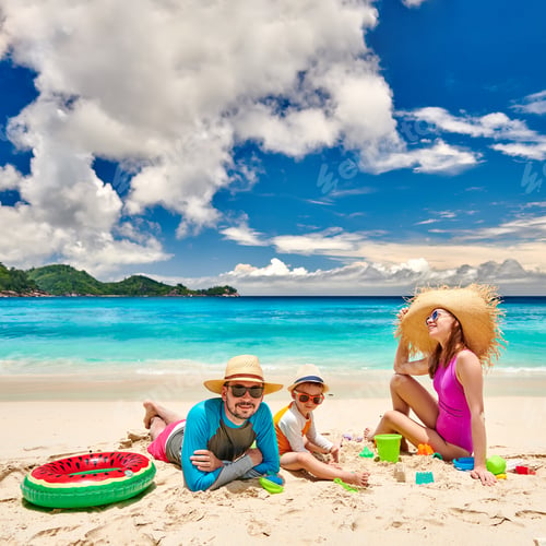 Preview: Family On Beach, Young Couple With Three Year Old Boy. Summer Vacation At Seychelles.