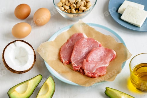 Preview: Steaks and ingredients for cooking from above