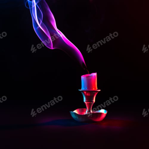 Preview: Closeup of a candle emitting wisps of smoke in neon lights