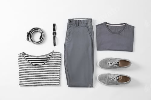 Preview: Flat lay set of stylish male clothes and accessories on white background