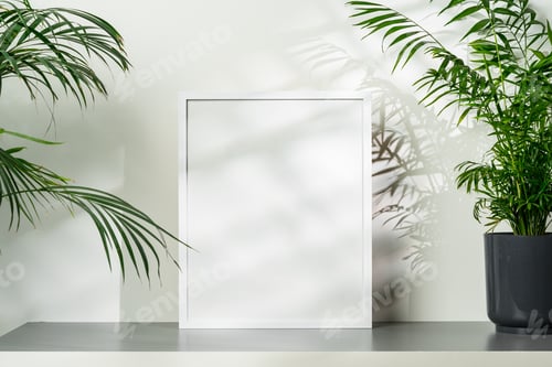 Preview: White wooden photo frame with plant leaves on white background