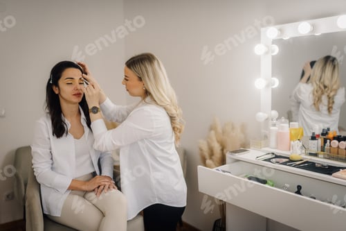 Preview: Makeup artist applying makeup on client's face in beauty salon