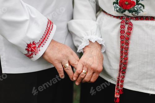Preview: Close up of senior man and woman holding hands and walking outdoors. Rear view of old couple
