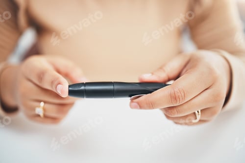 Preview: Diabetes, hands of woman and blood sugar needle test on finger, healthcare and medicine in home. He