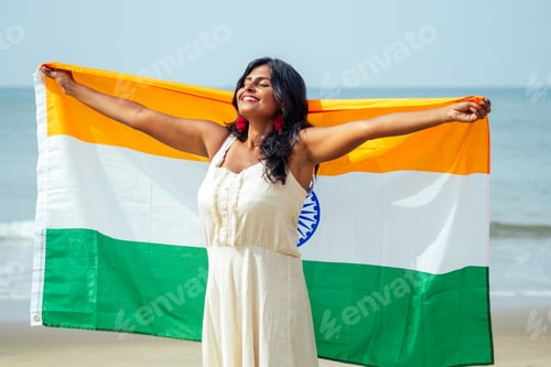 Preview: indian girl celebrating indian independence day at Goa sea beach