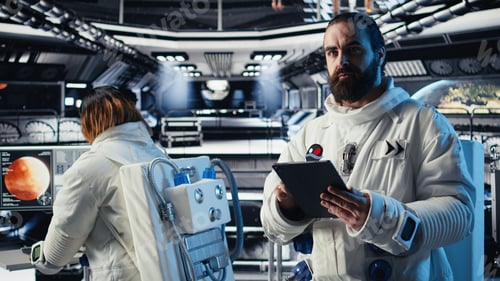 Preview: Astronaut reading mission plan on tablet before stepping out of space station