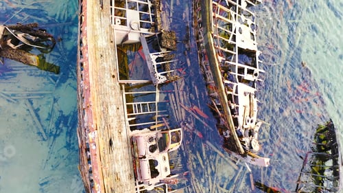Preview: Old sunken ships near coast in winter. Footage. Top view of graveyard of ships in turquoise water