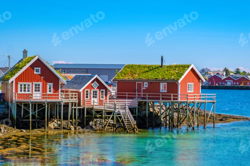 Preview: Red Cabins on Stilts in a Norwegian Fjord, Reine, Lofoten, Norway