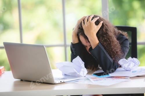 Preview: African American business woman with a problem from work, unhappy emotional concept