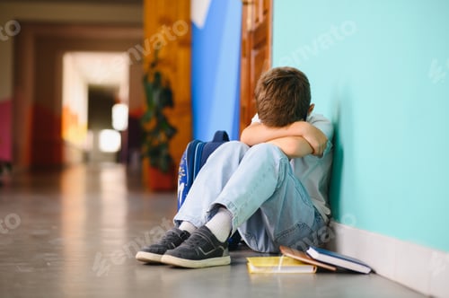 Preview: Little boy sitting alone on floor after suffering an act of bullying. Sad young schoolboy