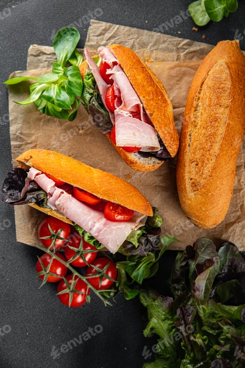 Preview: sandwich ham, tomato, green lettuce healthy eating cooking appetizer meal food snack on the table