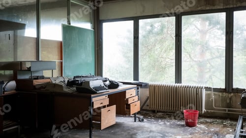 Preview: Glass window in an abandoned room with a typewriter on a wooden table