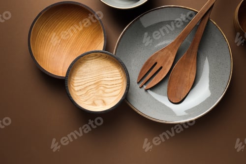 Preview: Stylish empty dishware and wooden cutlery on brown background, flat lay