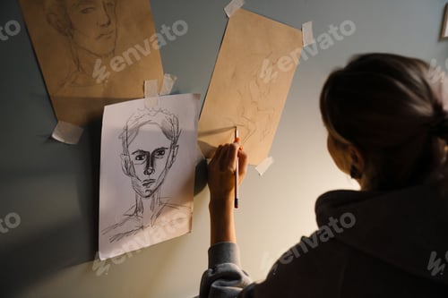 Preview: White girl with tunnel rings sketching on paper at home