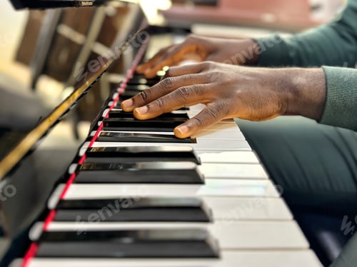 Preview: A black local professional unrecognizable diverse musician plays piano in a local recording studio