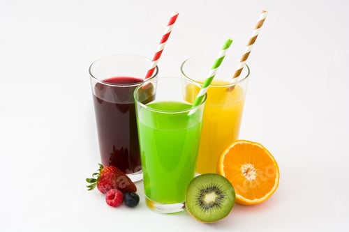 Preview: Colorful fruit juices with paper straws and fresh fruits on white background