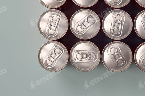 Preview: Many new aluminium cans of soda soft drink or energy drink containers