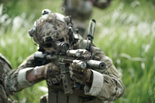 Preview: Soldier in full US MARSOC armed with assault rifle run through the abandoned building. Military