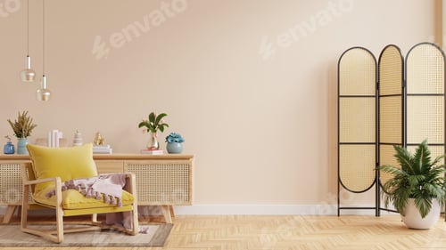 Preview: Living room interior wall mock up with yellow armchair on empty cream color wall.