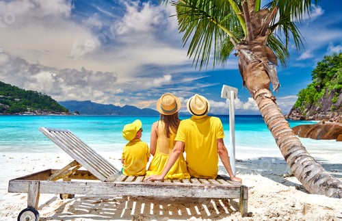 Preview: Family with three year old boy on beach. Seychelles, Mahe.