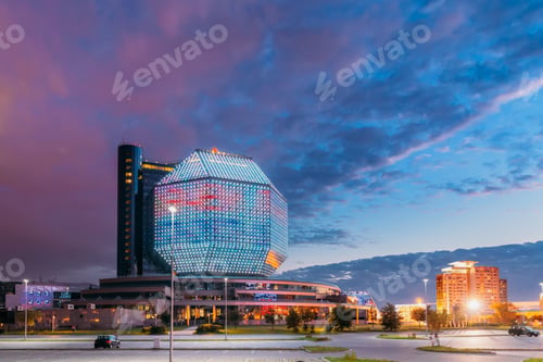 Preview: Minsk, Belarus. National Library In Summer Evening Sunset Time. Famous Landmark