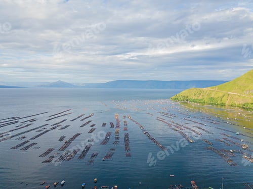 Preview: Toba Lake view with many kelongs at Haranggaol in Indonesia