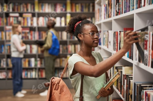 Preview: Young Woman Choosing Book in Library