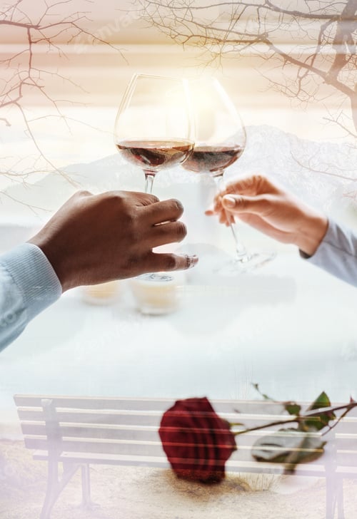 Preview: Happy Future. Close Up Of Clanging Glasses With Wine In Hands Of Young Pleasant Couple With