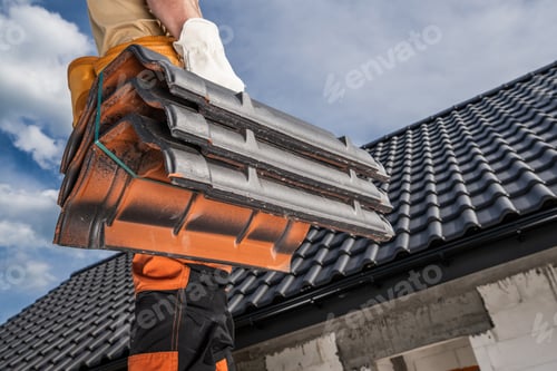 Preview: Construction Roofer Worker Holding Ceramic Roof Tiles