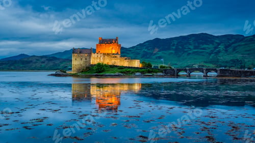 Preview: Illuminated Eilean Donan Castle at sunset, Scotland
