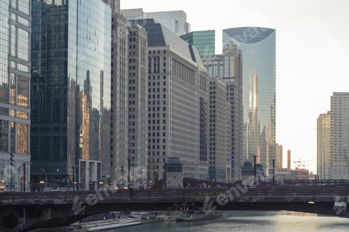Preview: Chicago Downtown City Street Sunset View With Tall Buildings, A River And A Bridge, Illinois
