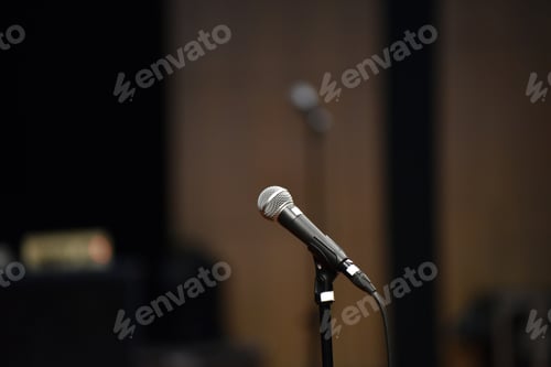 Preview: Microphone on the empty stage. Live music entertainment industry