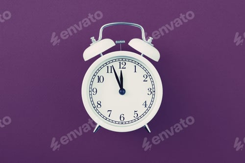 Preview: Alarm clock showing five minutes to twelve on purple background