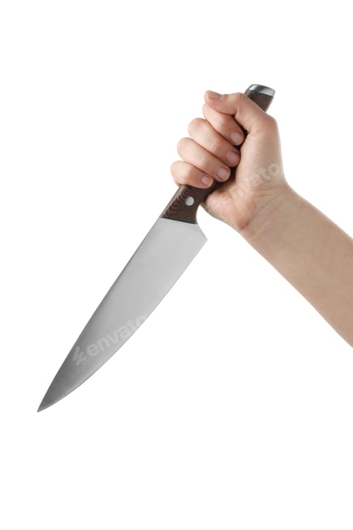 Preview: Woman holding knife on white background, closeup