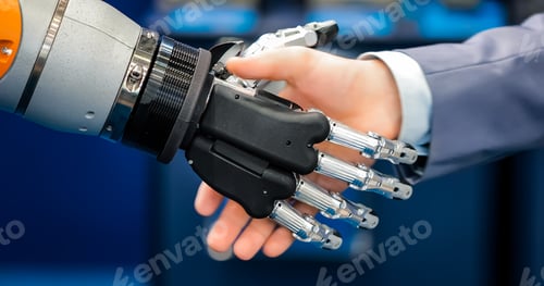 Preview: Hand of a businessman shaking hands with a droid robot. The conc