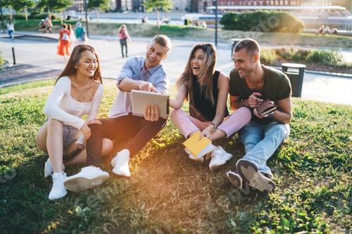 Preview: Diverse happy friends using tablet in park