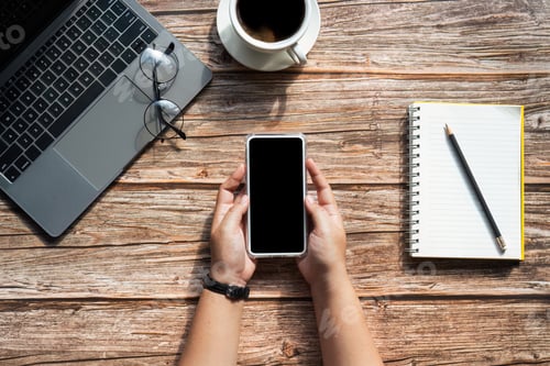 Preview: Top view technology of mockup woman hands holding display smart phone with blank copy space screen