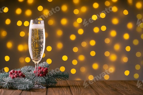 Preview: Wine Glass With Bubbly Champagne On Blurry Sparkling Lights Background