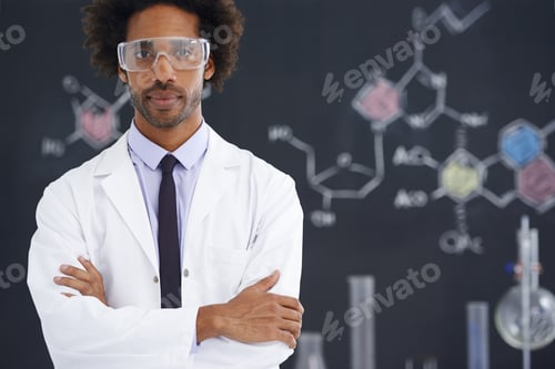 Preview: A male scientist standing in front of a blackboard filled with drawings of chemical bonds