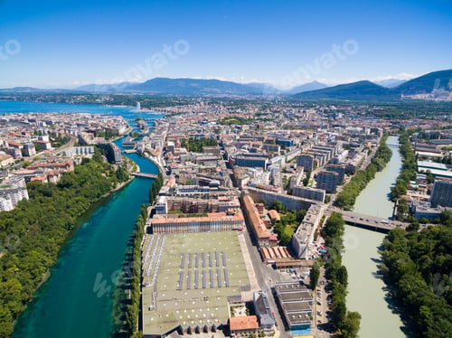 Preview: Aerial view of Arve an Rhone river confluent in Geneva Switzerl