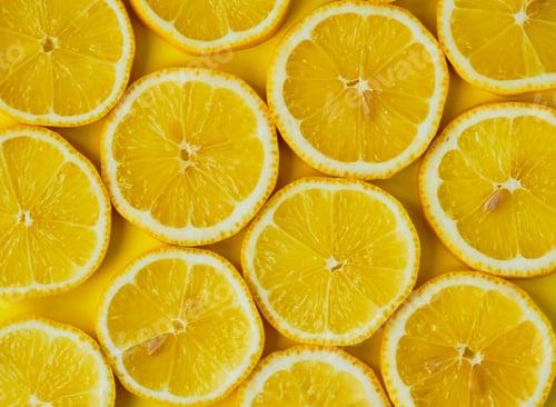 Preview: Sliced lemons in round slices on yellow background.