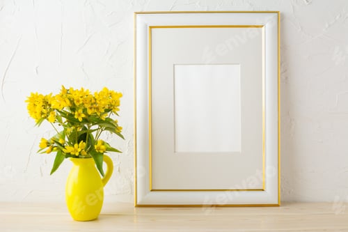 Preview: Frame mockup with small yellow flowers in stylized pitcher vase