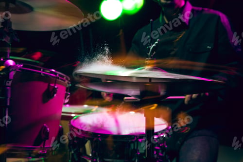Preview: Drummer's rehearsing on drums before rock concert. Man recording music on drumset in studio