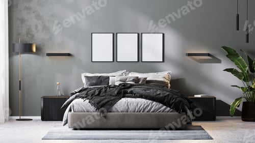 Preview: poster frames mock up in modern bedroom interior in gray tones, 3d rendering