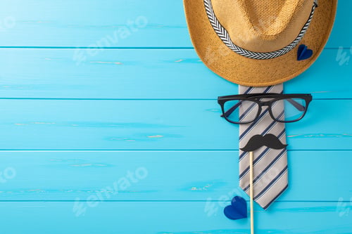 Preview: Get ready for a Father's Day celebration! Top-view shot featuring stylish fedora, classy tie