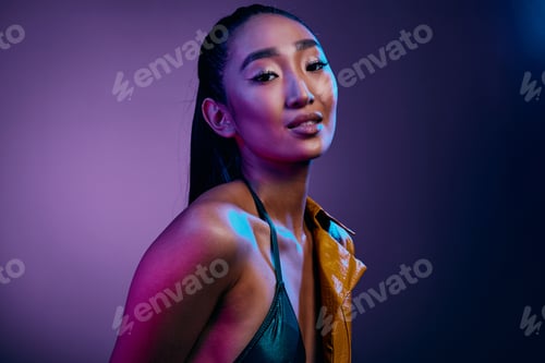 Preview: Colorful woman disco beauty fashion purple blue light